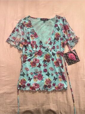 Betsy Johnson Luv Betsy Aquamarine Floral Wrap Blouse with Tie Waist